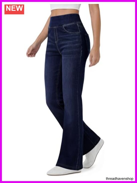 Denim - Stretchy High Waisted Flare Jeans Pull On Bootcut with Pockets Wide Leg